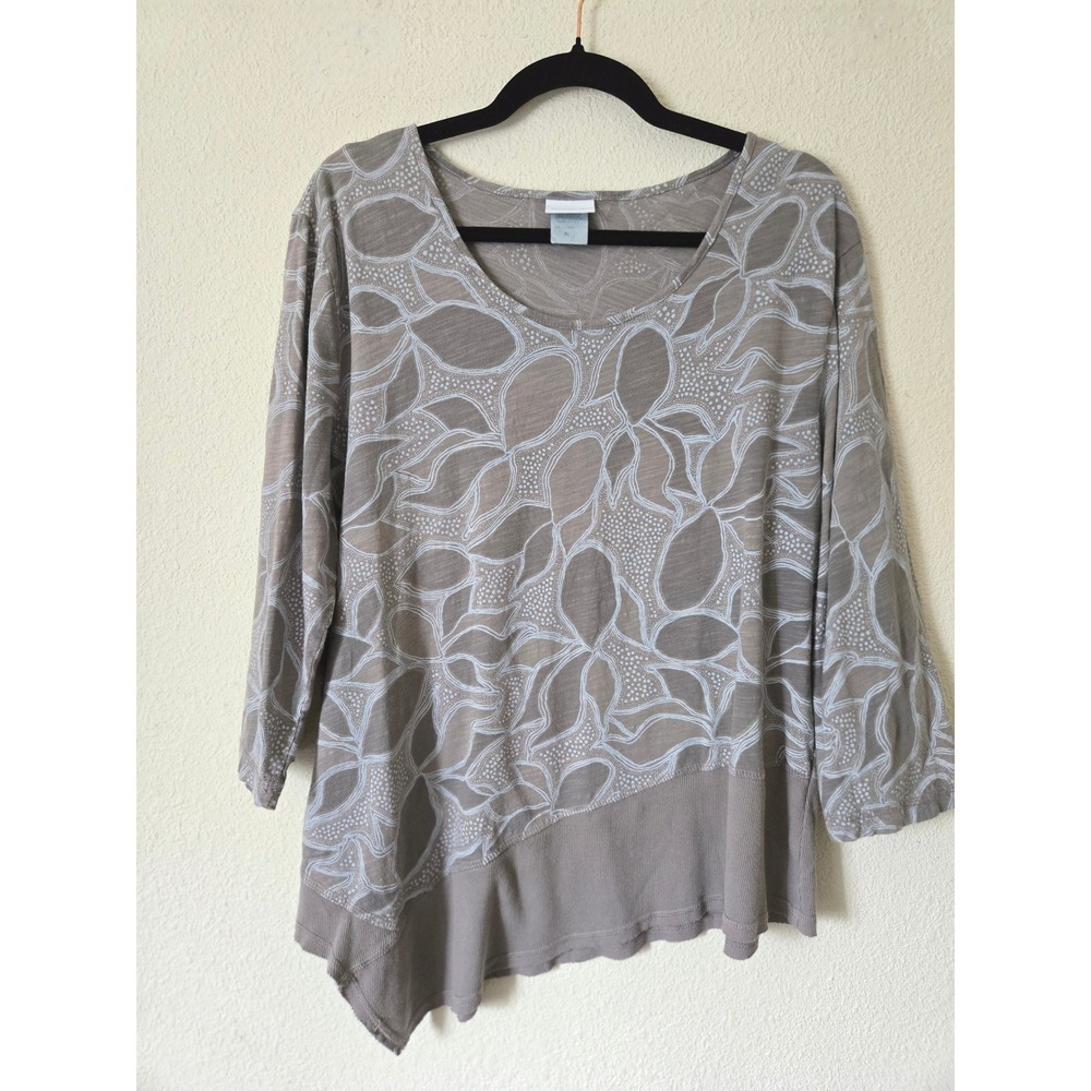 Sun Moda California Womens XL Top Taupe Cotton Leaf Print Asymmetrical Sharkbite - Picture 8 of 8